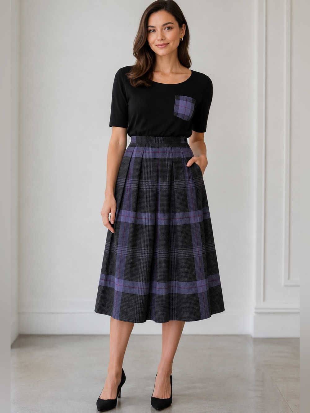 Jones New York Black Purple Grey Plaid Wool Pleated Midi Skirt Size US8P